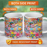 Personalized Custom Name Cute Hippie Van Rainbow Toys Collage Pink Background Seamless 11oz Ceramic Coffee Tea Mug White Large Handle