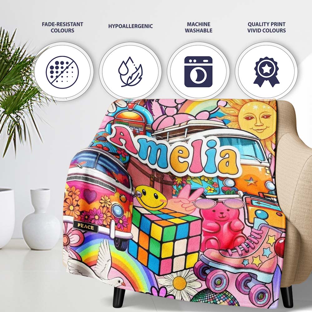 Cute Hippie Van Rainbow Toys Collage Pink Background Seamless  Personalised Custom Name Super Soft Fleece Blanket Bed Sofa Throw