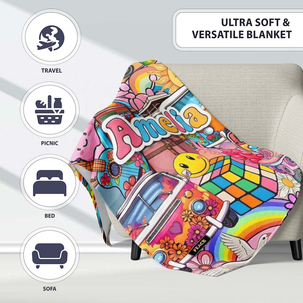 Cute Hippie Van Rainbow Toys Collage Pink Background Seamless  Personalised Custom Name Super Soft Fleece Blanket Bed Sofa Throw