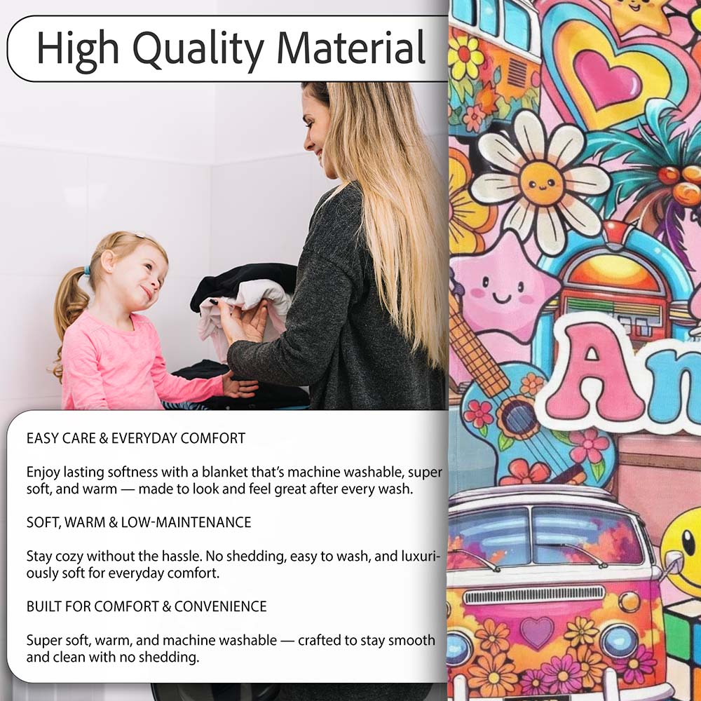 Cute Hippie Van Rainbow Toys Collage Pink Background Seamless  Personalised Custom Name Super Soft Fleece Blanket Bed Sofa Throw