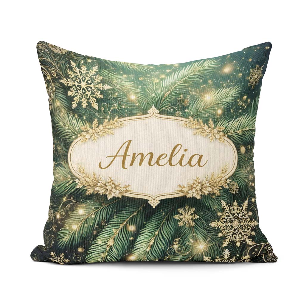 Custom Name Festive Green Pine and Snowflake Decorative Seamless Square Filled Cushion Throw Pillow Sofa Bed Home Decor Zip Washable UK Made