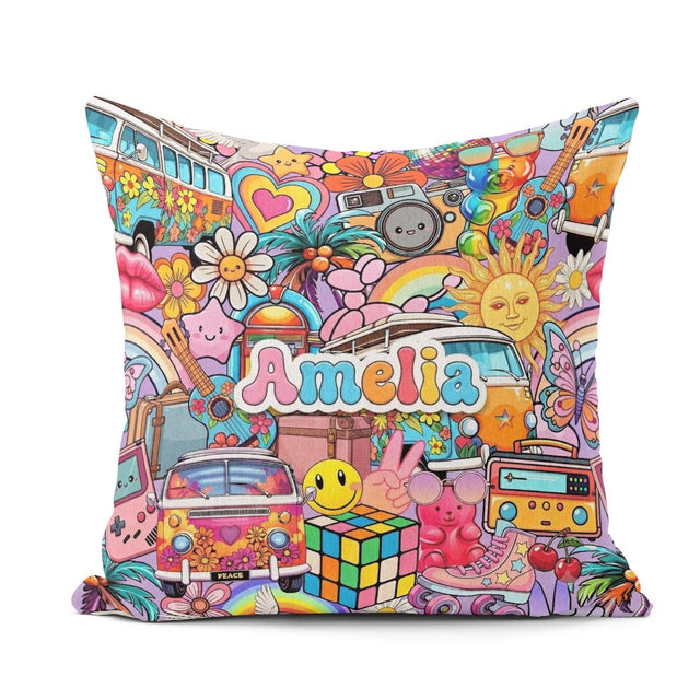 Custom Name Cute Hippie Van Rainbow Toys Collage Purple Seamless Square Filled Cushion Throw Pillow Sofa Bed Home Decor Zip Washable UK Made