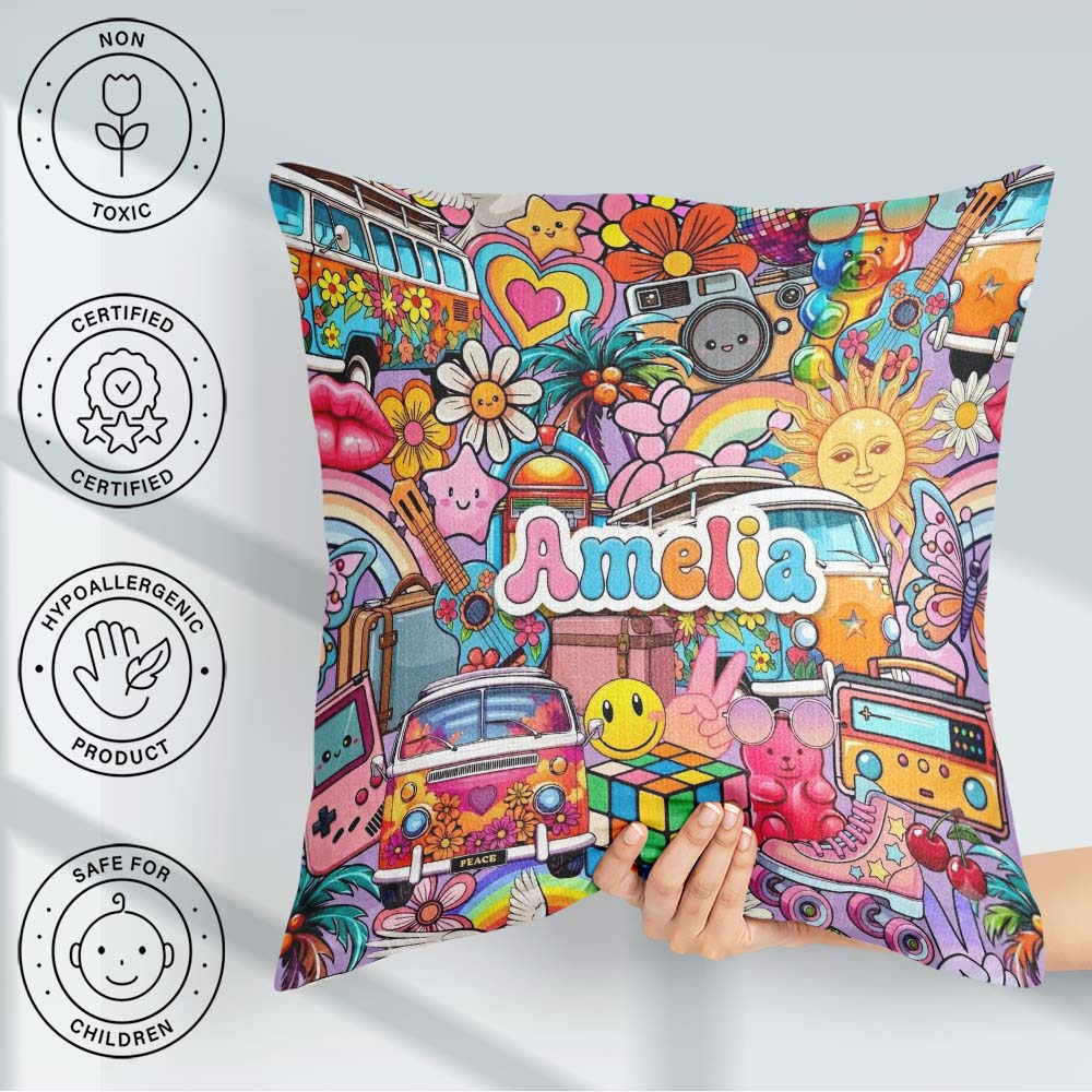 Custom Name Cute Hippie Van Rainbow Toys Collage Purple Seamless Square Filled Cushion Throw Pillow Sofa Bed Home Decor Zip Washable UK Made