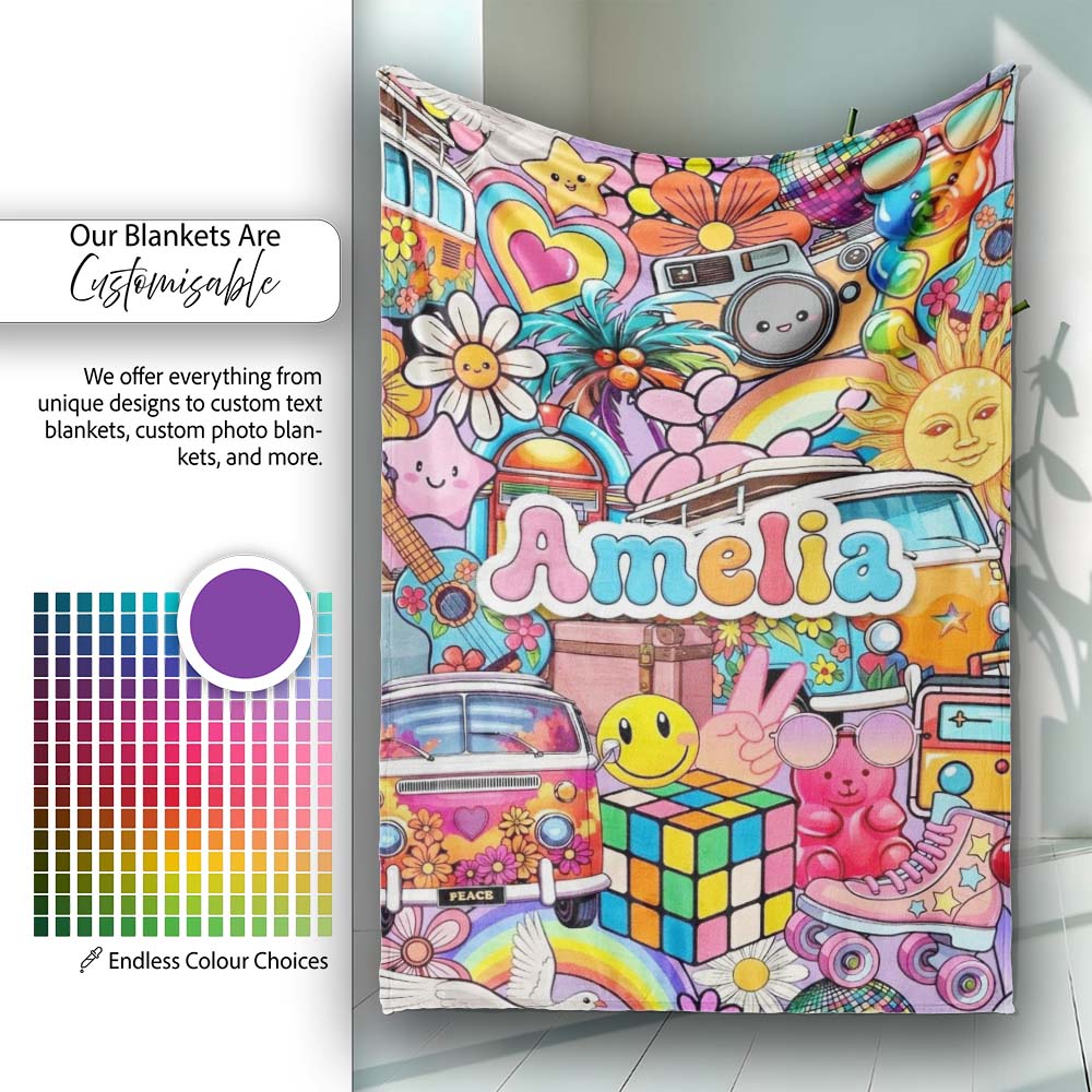 Cute Hippie Van Rainbow Toys Collage Purple Background Seamless  Personalised Custom Name Super Soft Fleece Blanket Bed Sofa Throw