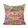Custom Name Cute Hippie Van Rainbow Toys Red Background Seamless Square Filled Cushion Throw Pillow Sofa Bed Home Decor Zip Washable UK Made