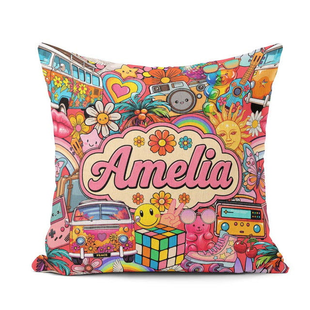 Custom Name Cute Hippie Van Rainbow Toys Red Background Seamless Square Filled Cushion Throw Pillow Sofa Bed Home Decor Zip Washable UK Made