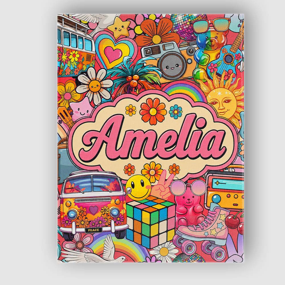 Personalised Name Cute Hippie Van Rainbow Custom  Unique Gift Idea Elegant Feature Canvas Wall Art Print Decor Picture Ready to Hang