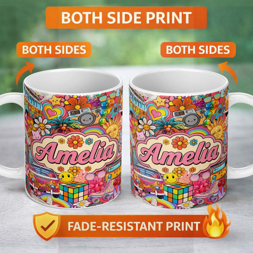 Personalized Custom Name Cute Hippie Van Rainbow Toys Collage Red Background Seamless 11oz Ceramic Coffee Tea Mug White Large Handle