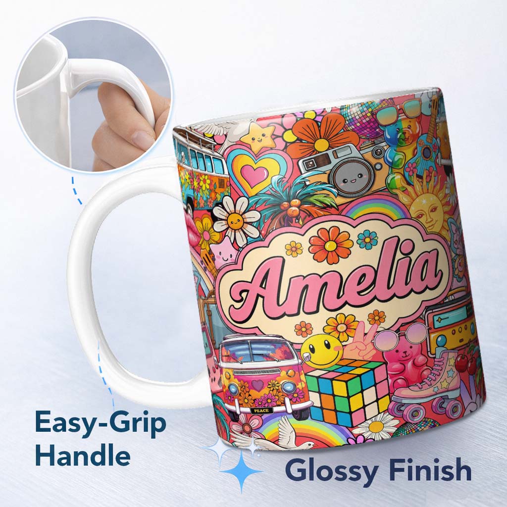Personalized Custom Name Cute Hippie Van Rainbow Toys Collage Red Background Seamless 11oz Ceramic Coffee Tea Mug White Large Handle