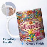 Personalized Custom Name Cute Hippie Van Rainbow Toys Collage Red Background Seamless 11oz Ceramic Coffee Tea Mug White Large Handle