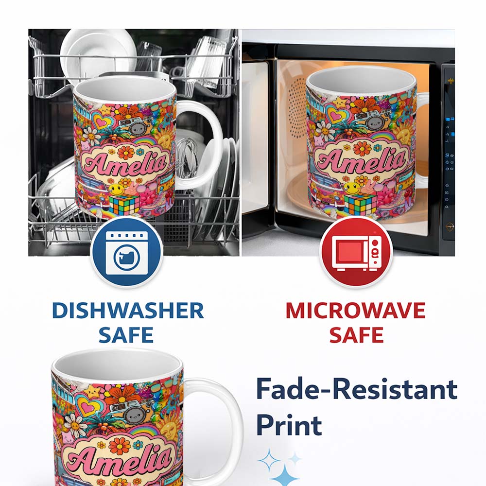 Personalized Custom Name Cute Hippie Van Rainbow Toys Collage Red Background Seamless 11oz Ceramic Coffee Tea Mug White Large Handle