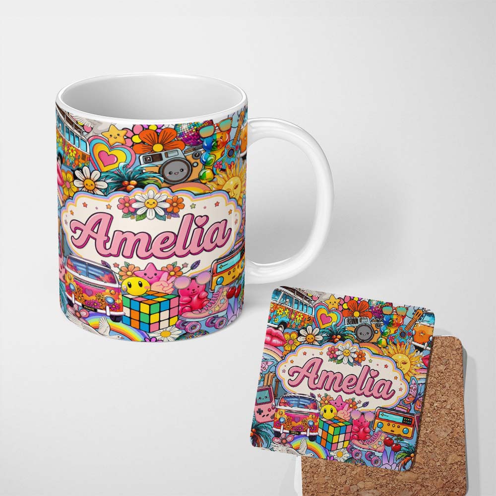 Personalized Custom Name Cute Hippie Van Rainbow Toys Collage Cream Background Seamless 11oz Ceramic Coffee Tea Mug White Large Handle