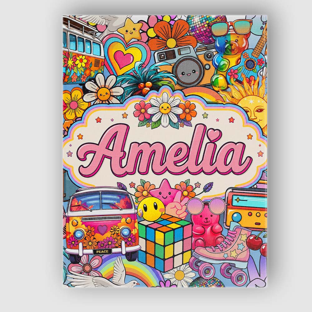 Personalised Name Cute Hippie Van Rainbow Custom  Unique Gift Idea Elegant Feature Canvas Wall Art Print Decor Picture Ready to Hang