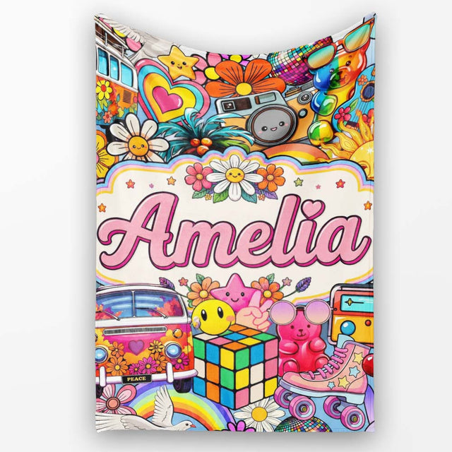 Cute Hippie Van Rainbow Toys Collage Cream Background Seamless  Personalised Custom Name Super Soft Fleece Blanket Bed Sofa Throw