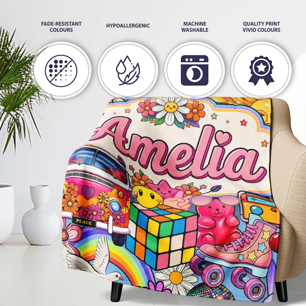 Cute Hippie Van Rainbow Toys Collage Cream Background Seamless  Personalised Custom Name Super Soft Fleece Blanket Bed Sofa Throw