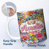 Personalized Custom Name Cute Hippie Van Rainbow Toys Collage Cream Background Seamless 11oz Ceramic Coffee Tea Mug White Large Handle
