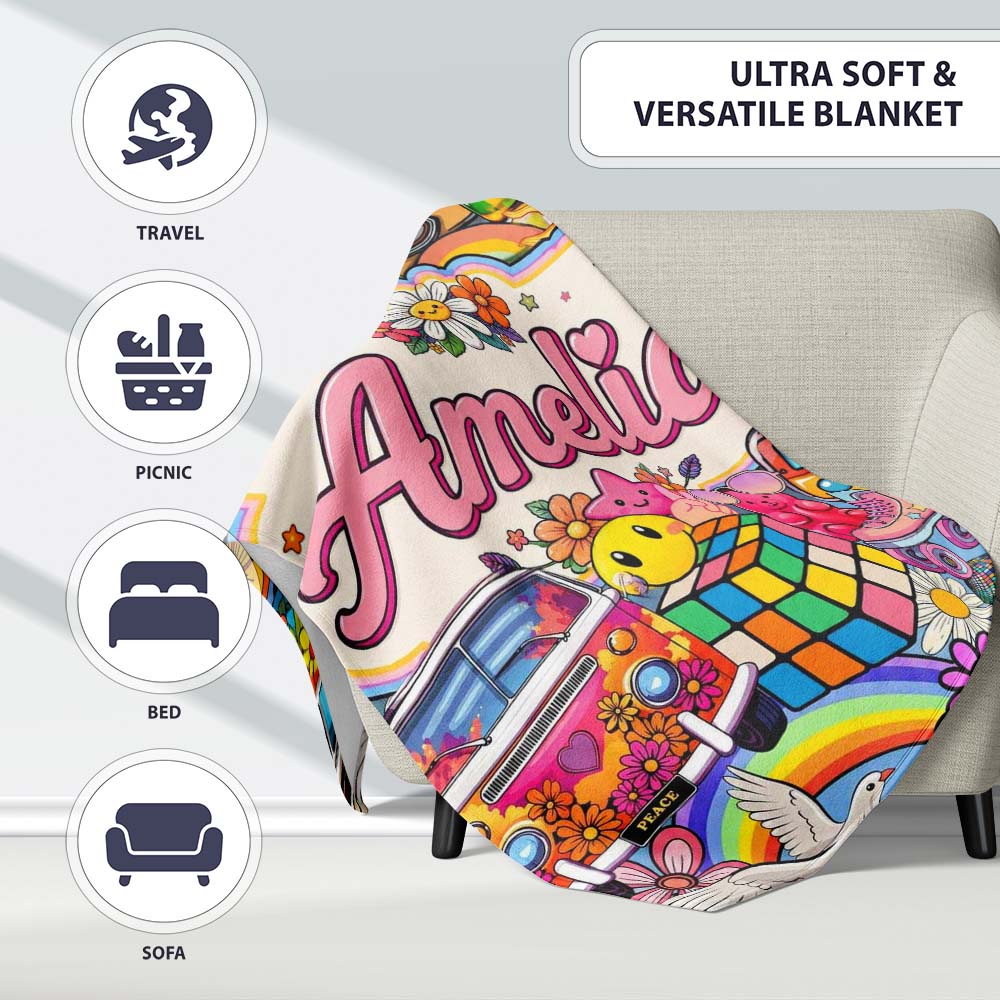 Cute Hippie Van Rainbow Toys Collage Cream Background Seamless  Personalised Custom Name Super Soft Fleece Blanket Bed Sofa Throw