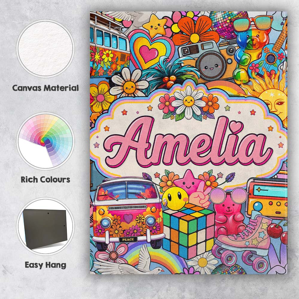 Personalised Name Cute Hippie Van Rainbow Custom  Unique Gift Idea Elegant Feature Canvas Wall Art Print Decor Picture Ready to Hang