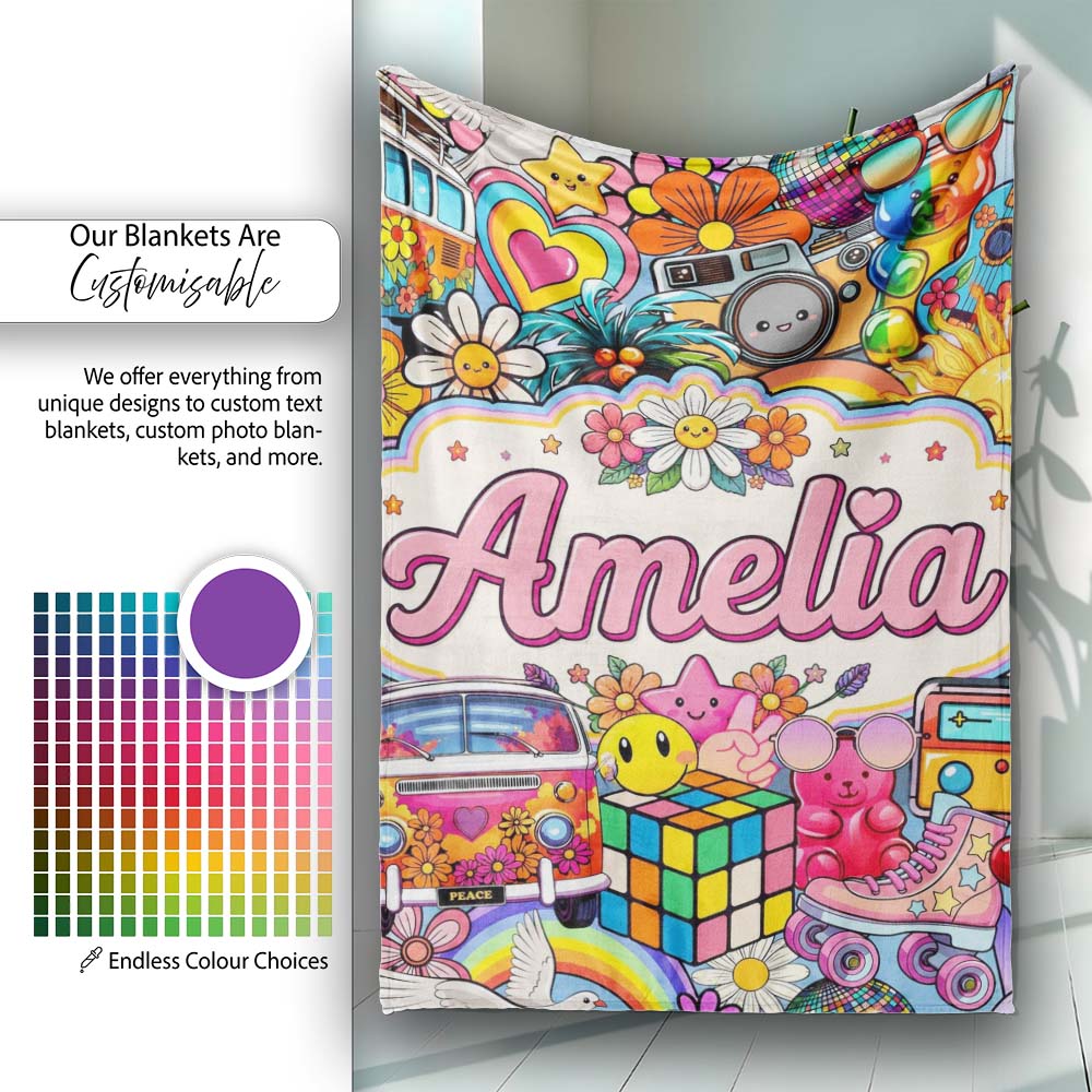 Cute Hippie Van Rainbow Toys Collage Cream Background Seamless  Personalised Custom Name Super Soft Fleece Blanket Bed Sofa Throw