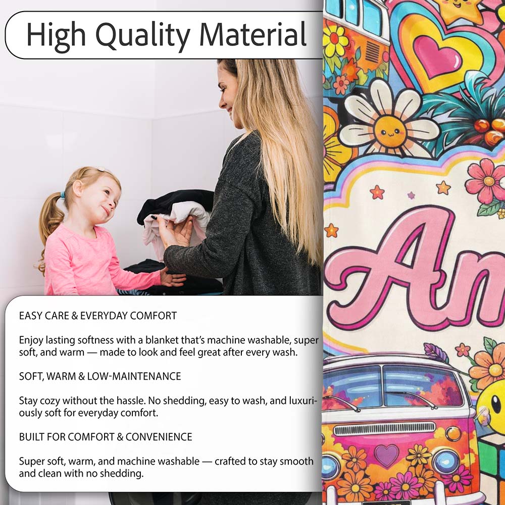 Cute Hippie Van Rainbow Toys Collage Cream Background Seamless  Personalised Custom Name Super Soft Fleece Blanket Bed Sofa Throw