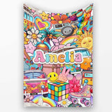 Cute Hippie Van Rainbow Toys Collage Beige Background Seamless  Personalised Custom Name Super Soft Fleece Blanket Bed Sofa Throw