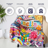 Cute Hippie Van Rainbow Toys Collage Beige Background Seamless  Personalised Custom Name Super Soft Fleece Blanket Bed Sofa Throw