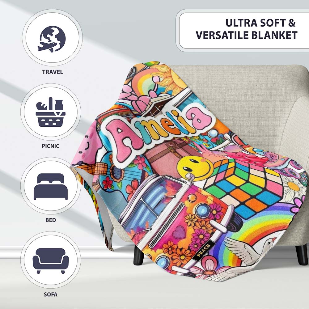 Cute Hippie Van Rainbow Toys Collage Beige Background Seamless  Personalised Custom Name Super Soft Fleece Blanket Bed Sofa Throw