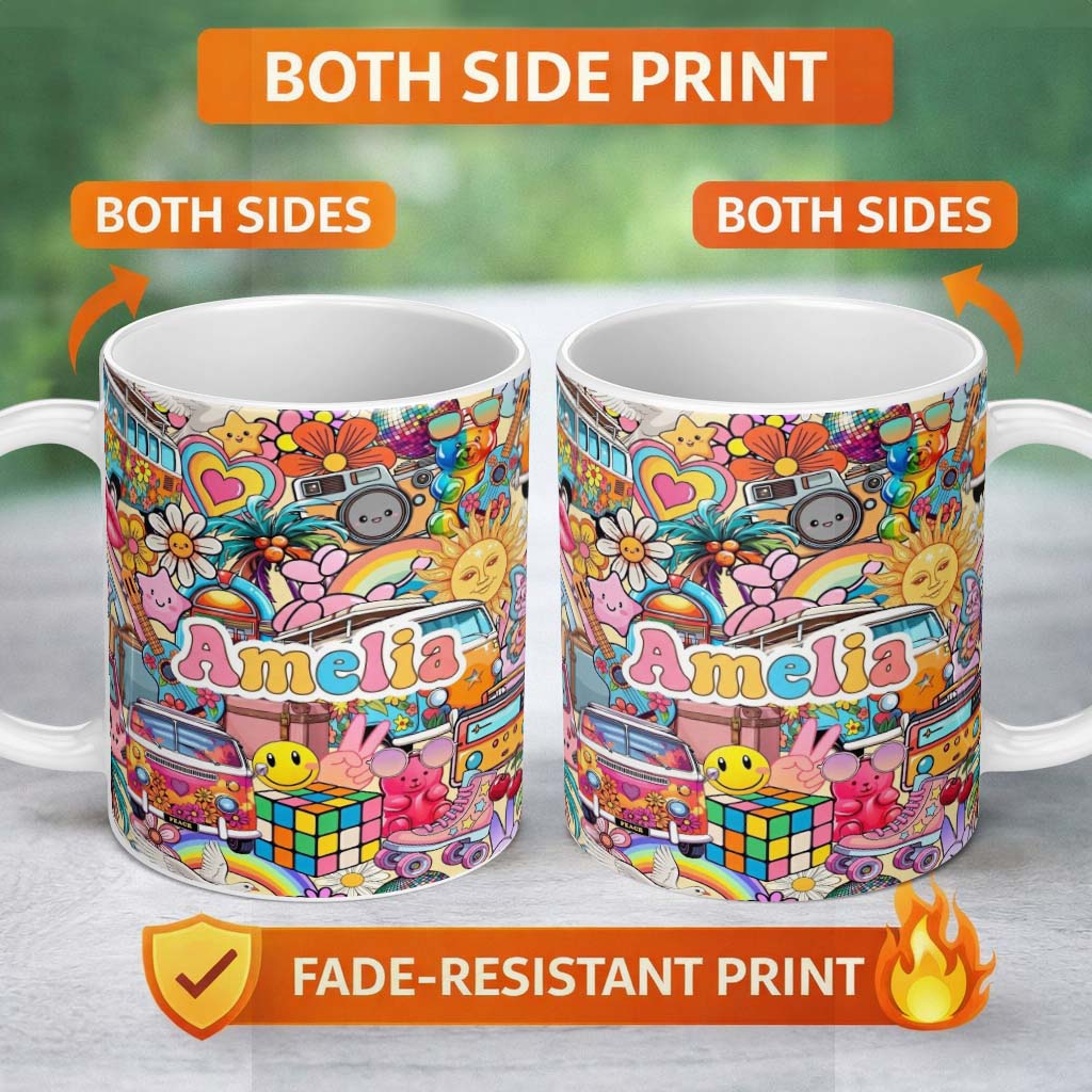 Personalized Custom Name Hippie Van Rainbow Toys Collage Light Yellow Background Seamless 11oz Ceramic Coffee Tea Mug White Large Handle