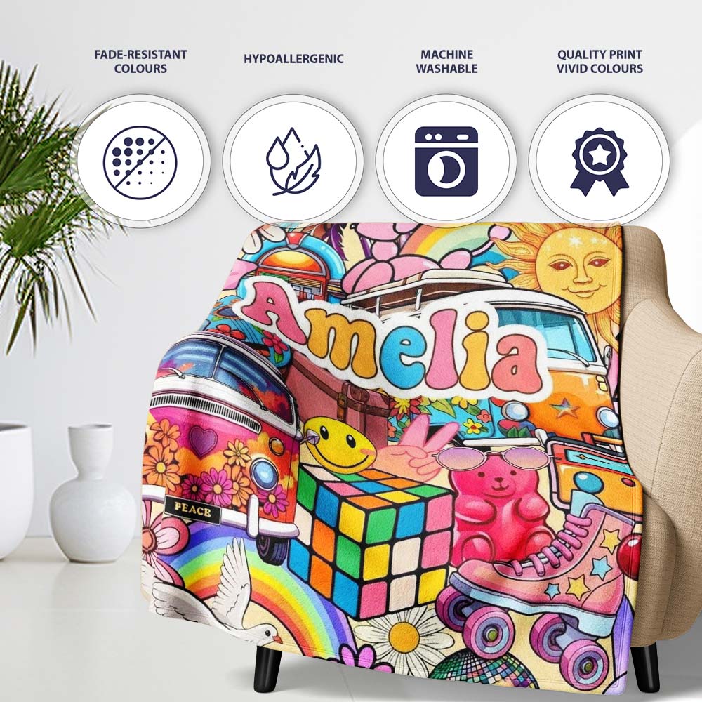Hippie Van Rainbow Toys Collage Light Yellow Background Seamless  Personalised Custom Name Super Soft Fleece Blanket Bed Sofa Throw