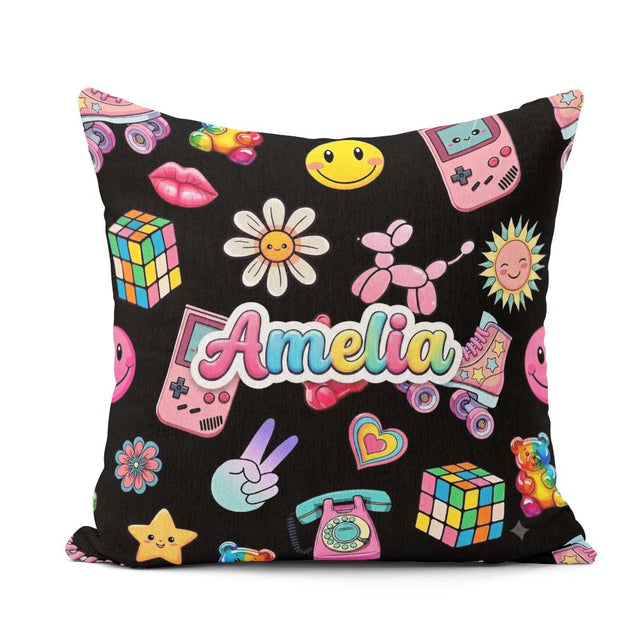 Custom Name Cute Kawaii Toys Black Background Seamless Pattern Square Filled Cushion Throw Pillow Sofa Bed Home Decor Zip Washable UK Made