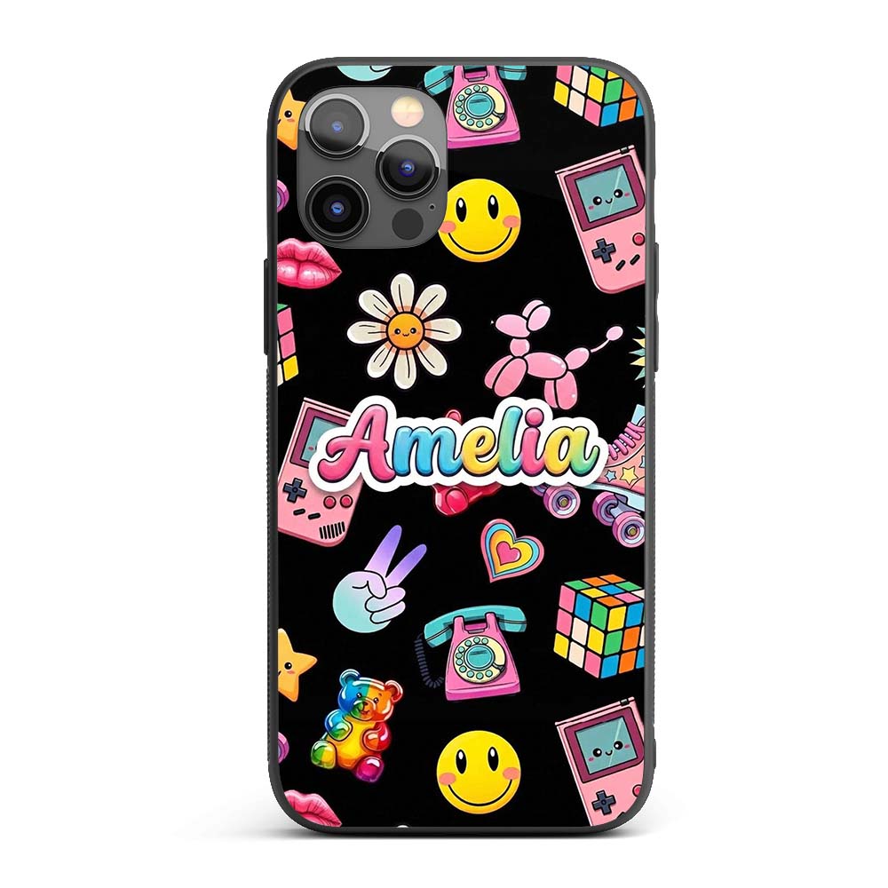 Cute Kawaii Toys Black Background Printed Design Custom Name Protective Phone Case Mobile Cover Durable Everyday Smartphone Shock Resistant