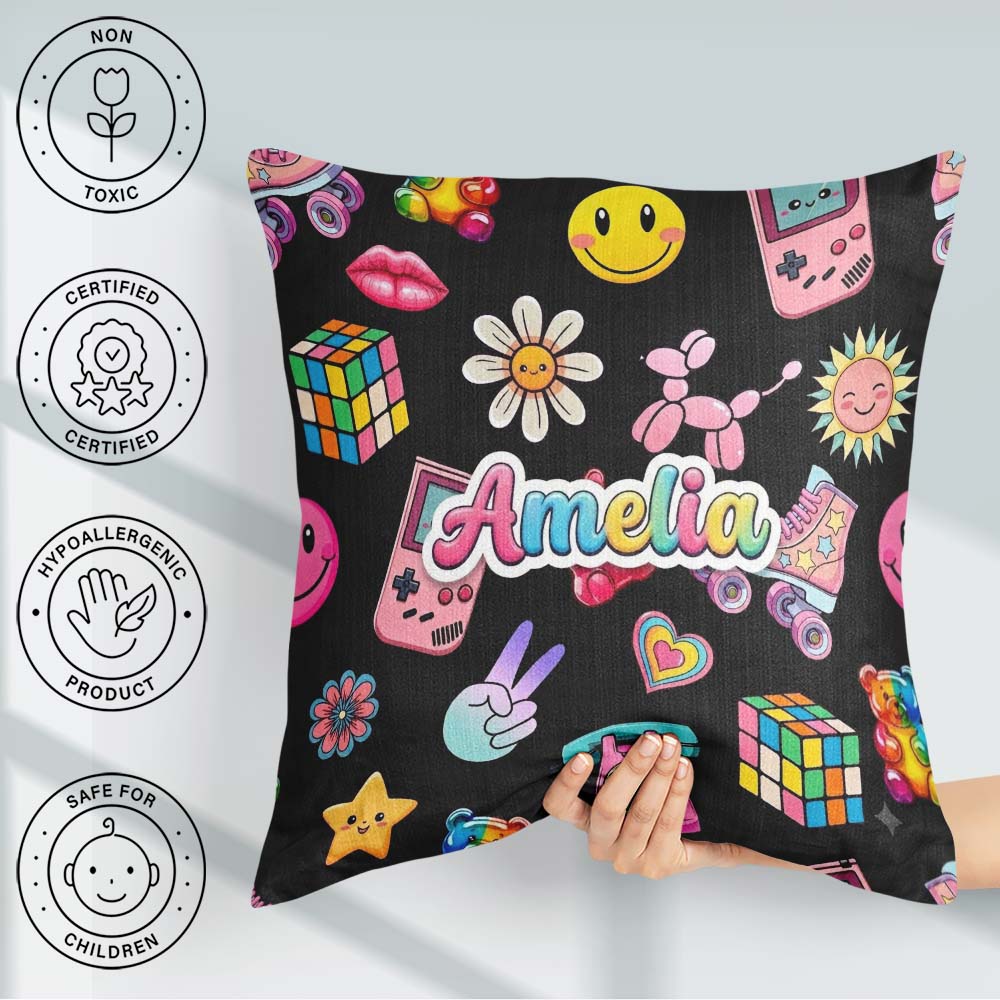 Custom Name Cute Kawaii Toys Black Background Seamless Pattern Square Filled Cushion Throw Pillow Sofa Bed Home Decor Zip Washable UK Made