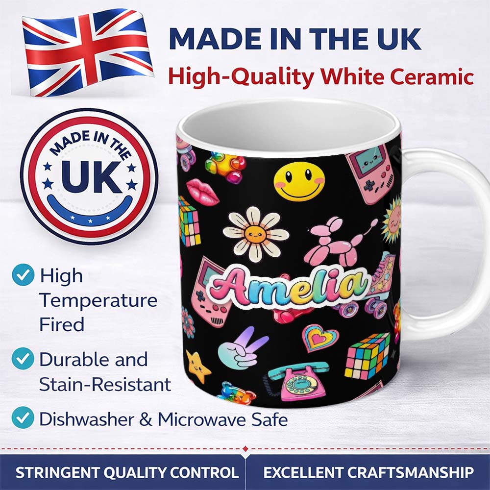 Personalized Custom Name Cute Kawaii Toys Black Background Seamless Pattern Custom Name 11oz Ceramic Coffee Tea Mug White Large Handle