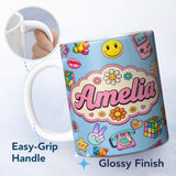 Personalized Custom Name Toys Smiley Roller Skate Blue Background Seamless Pattern Custom 11oz Ceramic Coffee Tea Mug White Large Handle