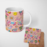 Personalized Custom Name Toys Smiley Roller Skate Beige Background Seamless Pattern Name Cute 11oz Ceramic Coffee Tea Mug White Large Handle