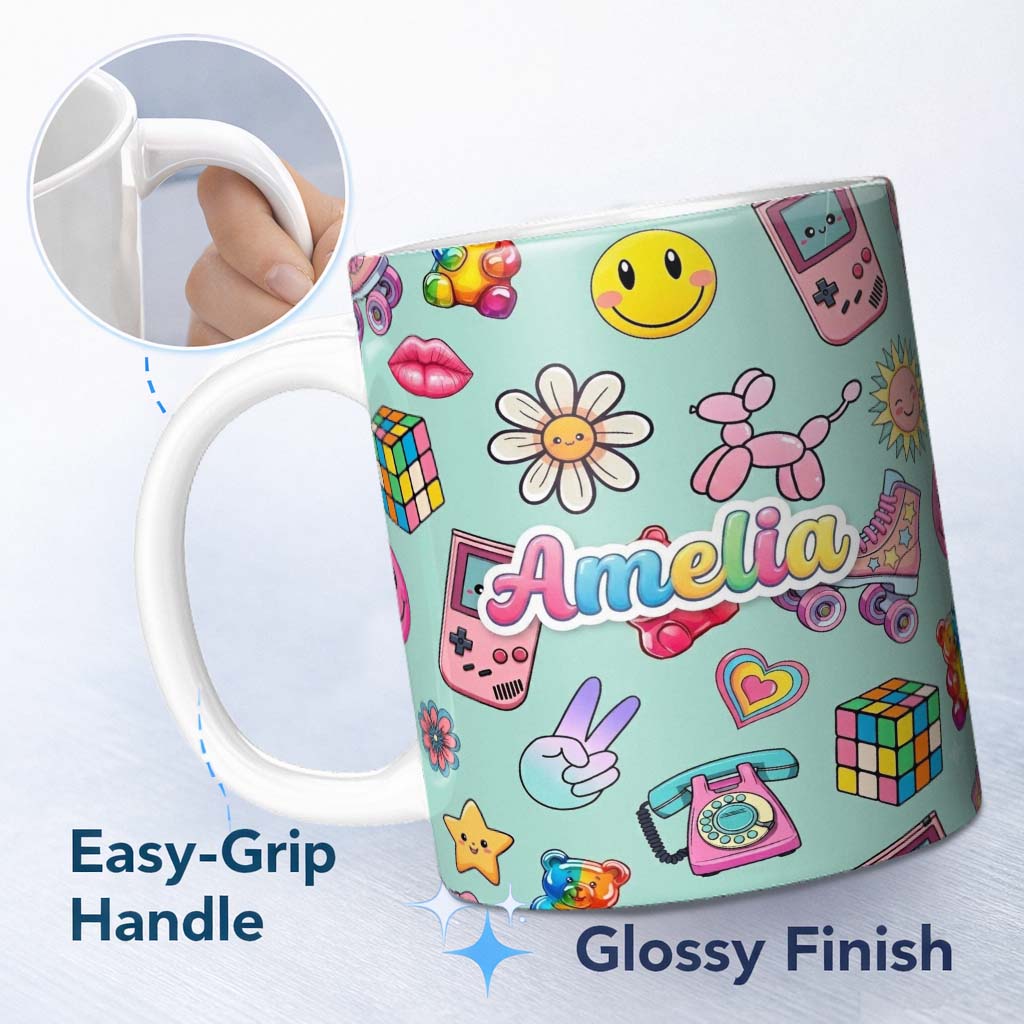 Personalized Custom Name Toys Smiley Roller Skate Mint Background Seamless Pattern Custom 11oz Ceramic Coffee Tea Mug White Large Handle