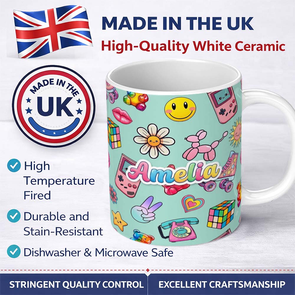 Personalized Custom Name Toys Smiley Roller Skate Mint Background Seamless Pattern Custom 11oz Ceramic Coffee Tea Mug White Large Handle