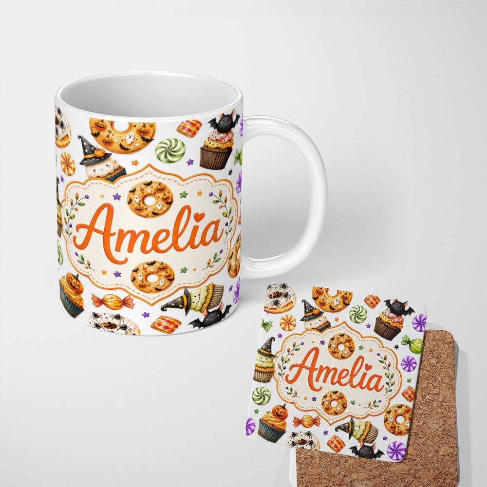 Personalized Custom Name Cute Halloween Donut Spooky Treats Light Grey Background Seamless 11oz Ceramic Coffee Tea Mug White Large Handle