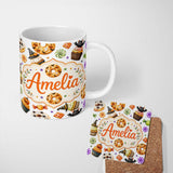 Personalized Custom Name Cute Halloween Donut Spooky Treats Light Grey Background Seamless 11oz Ceramic Coffee Tea Mug White Large Handle