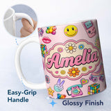 Personalized Custom Name Toys Smiley Roller Skate Pink Background Seamless Pattern Custom 11oz Ceramic Coffee Tea Mug White Large Handle