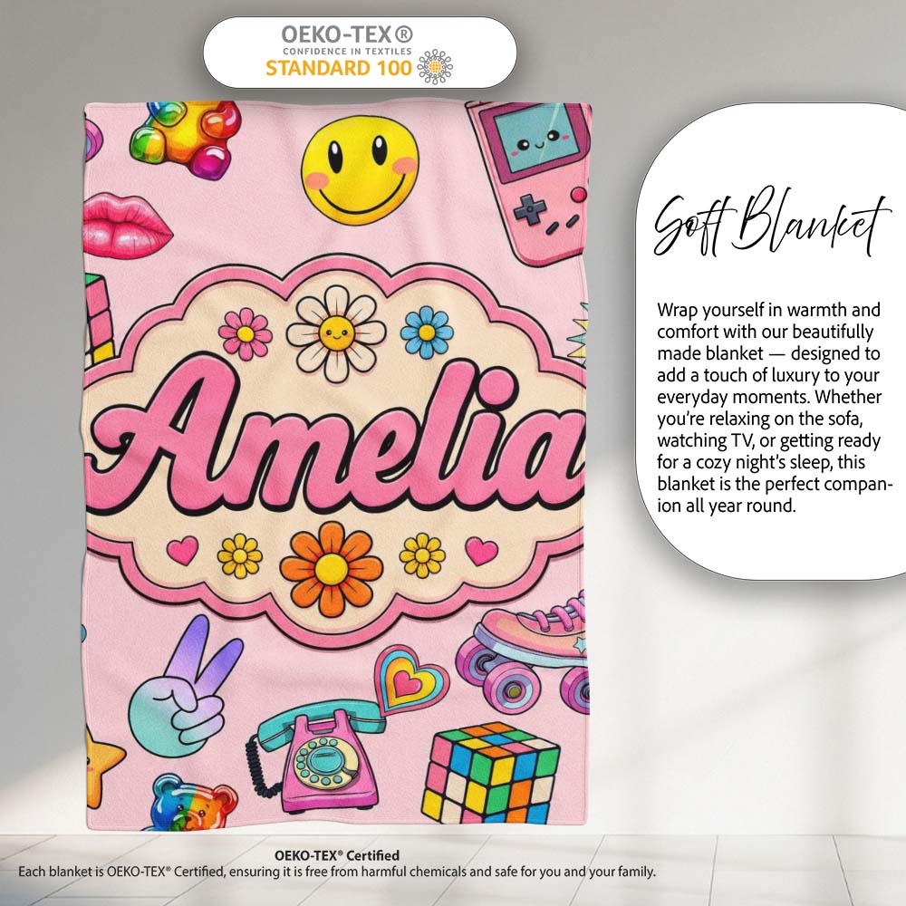 Toys Smiley Roller Skate Pink Background Seamless Pattern Custom  Personalised Custom Name Super Soft Fleece Blanket Bed Sofa Throw