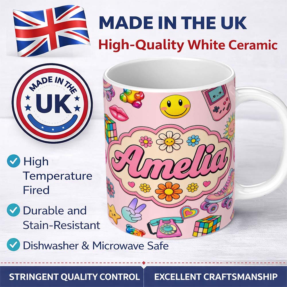 Personalized Custom Name Toys Smiley Roller Skate Pink Background Seamless Pattern Custom 11oz Ceramic Coffee Tea Mug White Large Handle