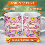 Personalized Custom Name Toys Smiley Roller Skate Light Pink Background Seamless Pattern 11oz Ceramic Coffee Tea Mug White Large Handle