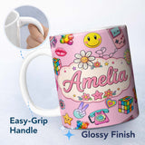Personalized Custom Name Toys Smiley Roller Skate Light Pink Background Seamless Pattern 11oz Ceramic Coffee Tea Mug White Large Handle