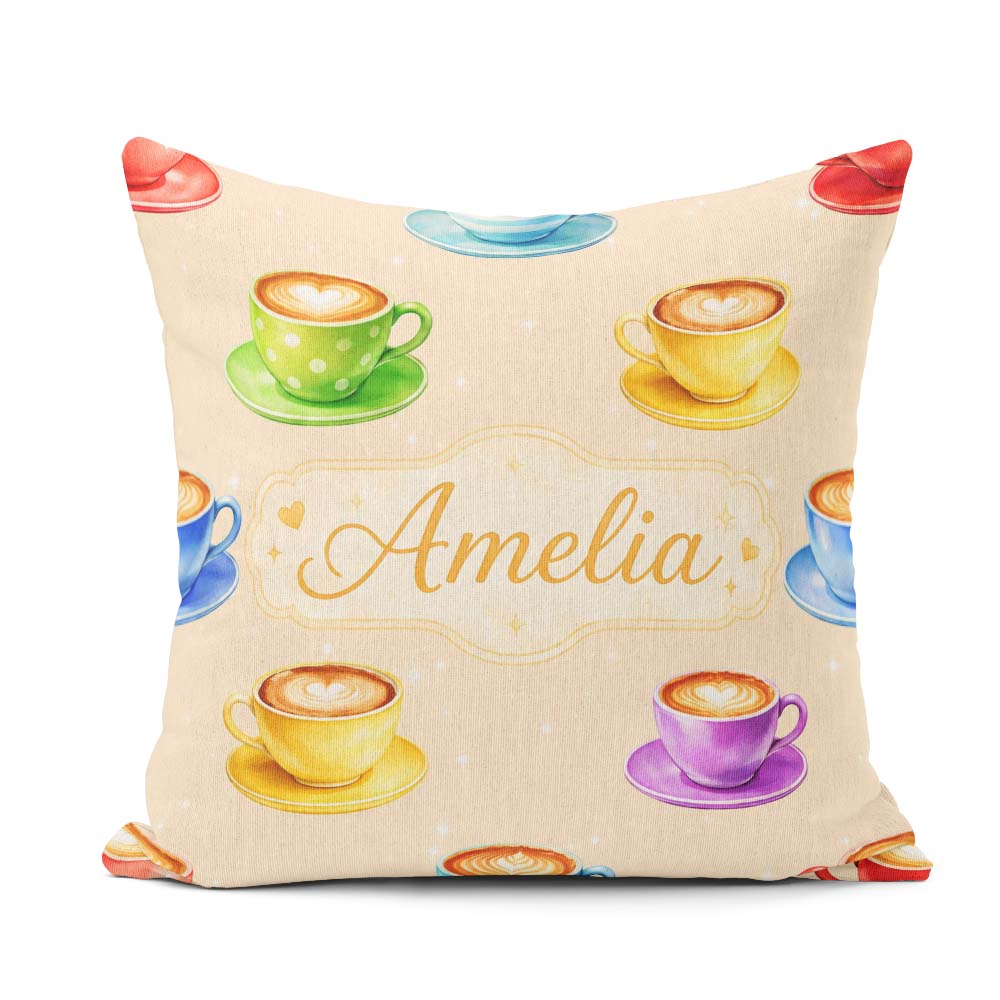 Custom Name Colorful Coffee Latte Cappuccino Seamless Pattern Square Filled Cushion Throw Pillow Sofa Bed Home Decor Zip Washable UK Made