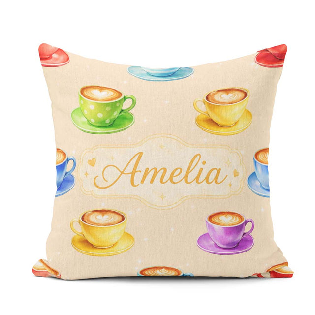 Custom Name Colorful Coffee Latte Cappuccino Seamless Pattern Square Filled Cushion Throw Pillow Sofa Bed Home Decor Zip Washable UK Made