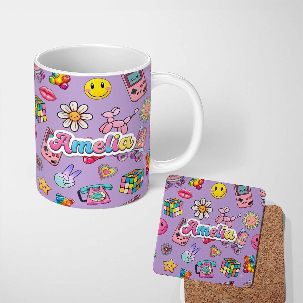 Personalized Custom Name Toys Smiley Roller Skate Purple Background Seamless Pattern Name 11oz Ceramic Coffee Tea Mug White Large Handle