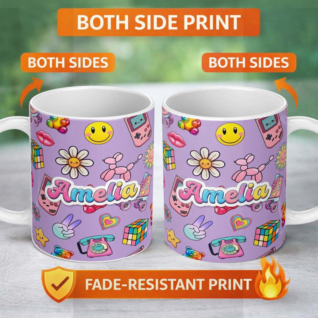 Personalized Custom Name Toys Smiley Roller Skate Purple Background Seamless Pattern Name 11oz Ceramic Coffee Tea Mug White Large Handle