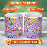 Personalized Custom Name Toys Smiley Roller Skate Purple Background Seamless Pattern Name 11oz Ceramic Coffee Tea Mug White Large Handle