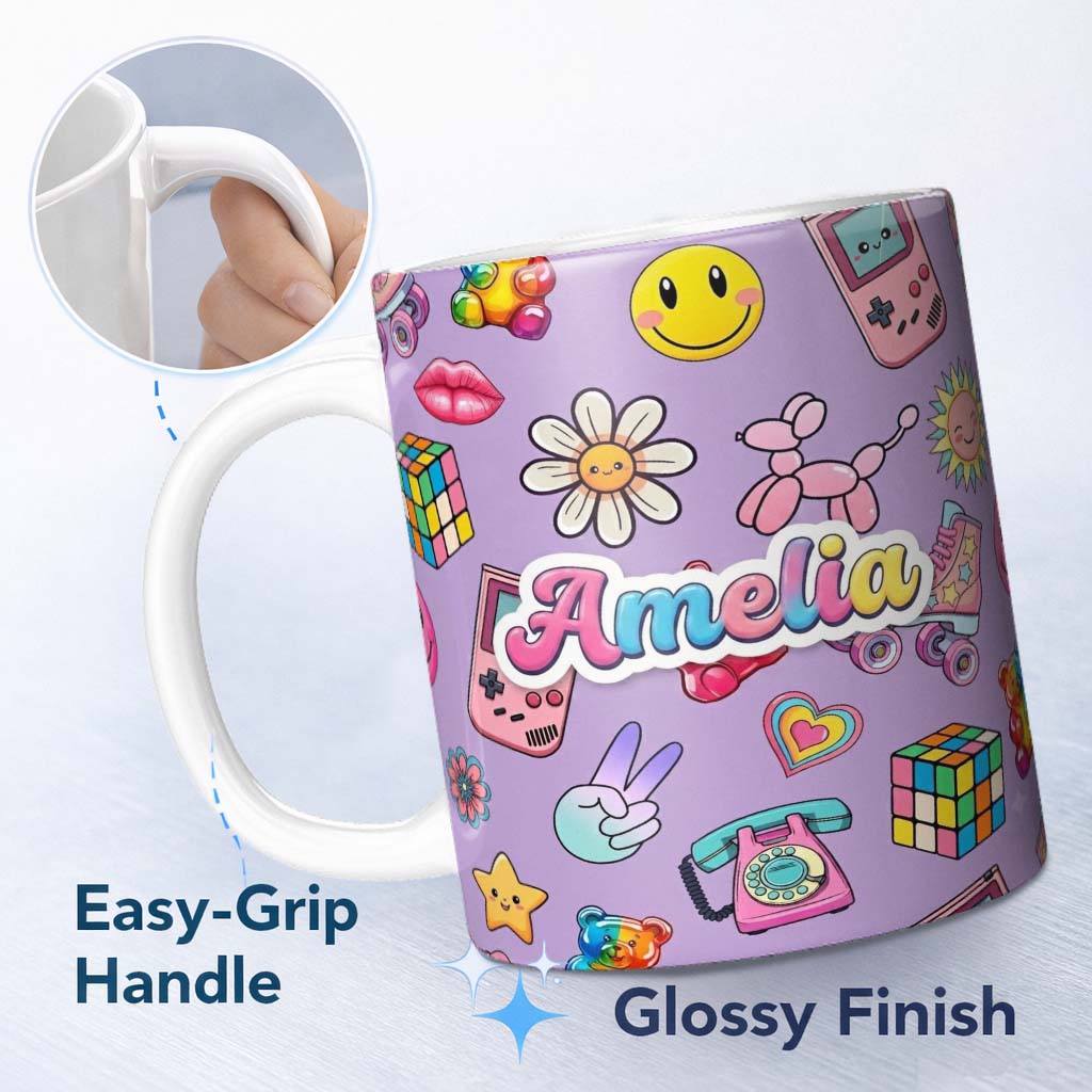 Personalized Custom Name Toys Smiley Roller Skate Purple Background Seamless Pattern Name 11oz Ceramic Coffee Tea Mug White Large Handle